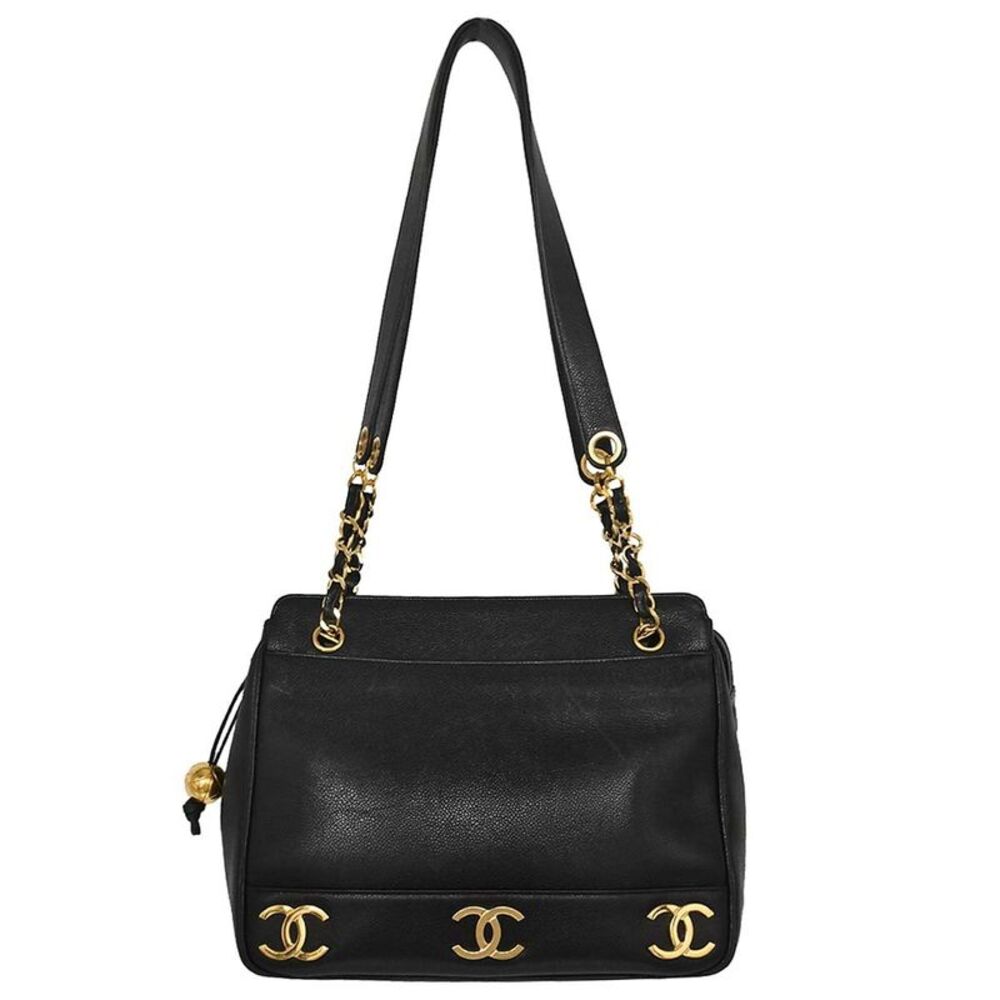 Chanel Triple Cc Chain Shoulder Caviar Leather Black Leather Shoulder Bag Bag